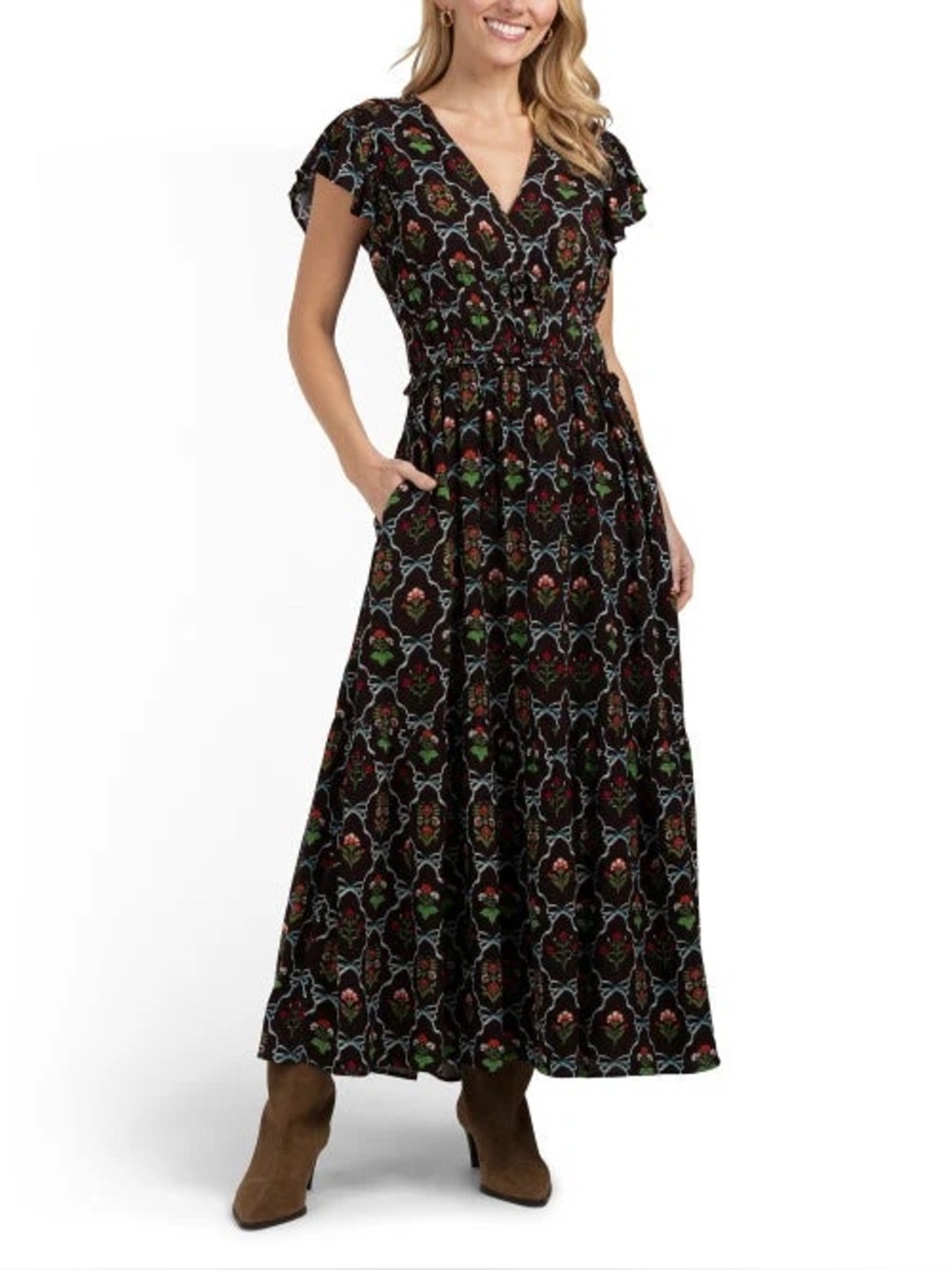 LEA Flutter Sleeve Floral Print Tiered Maxi Dress - Black Multi - Size M